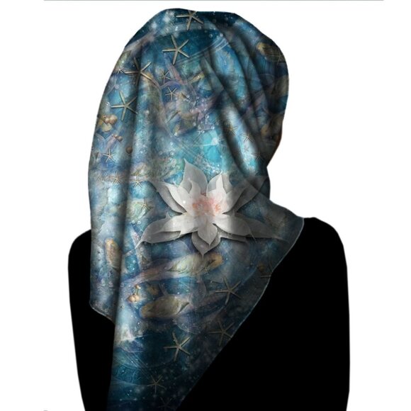 Goldfish Pond & Lotus Flower Square Pure Silk Scarf - Picture 8 of 10